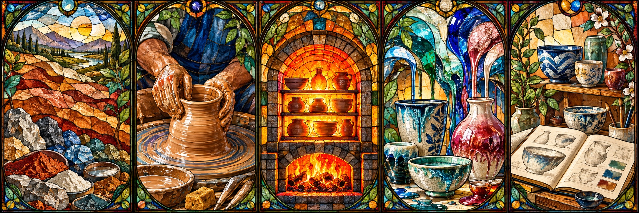 Decorative stained-glass illustration: mineral earth, hands shaping clay, a glowing kiln, flowing glazes and a pottery sketchbook.